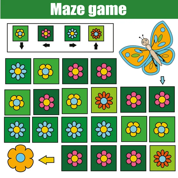 Maze game, animals theme. Kids activity sheet. Logic labyrinth with code navigation — Stock Vector