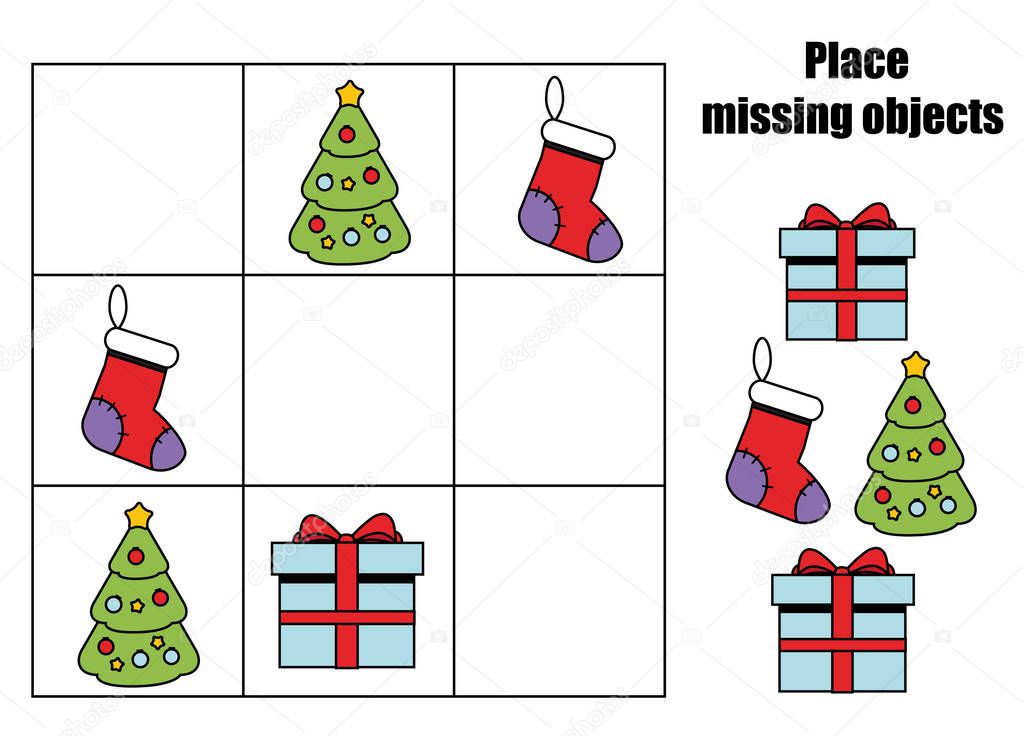 Place missing objects in grid. Kids activity sheet. Logic educational game