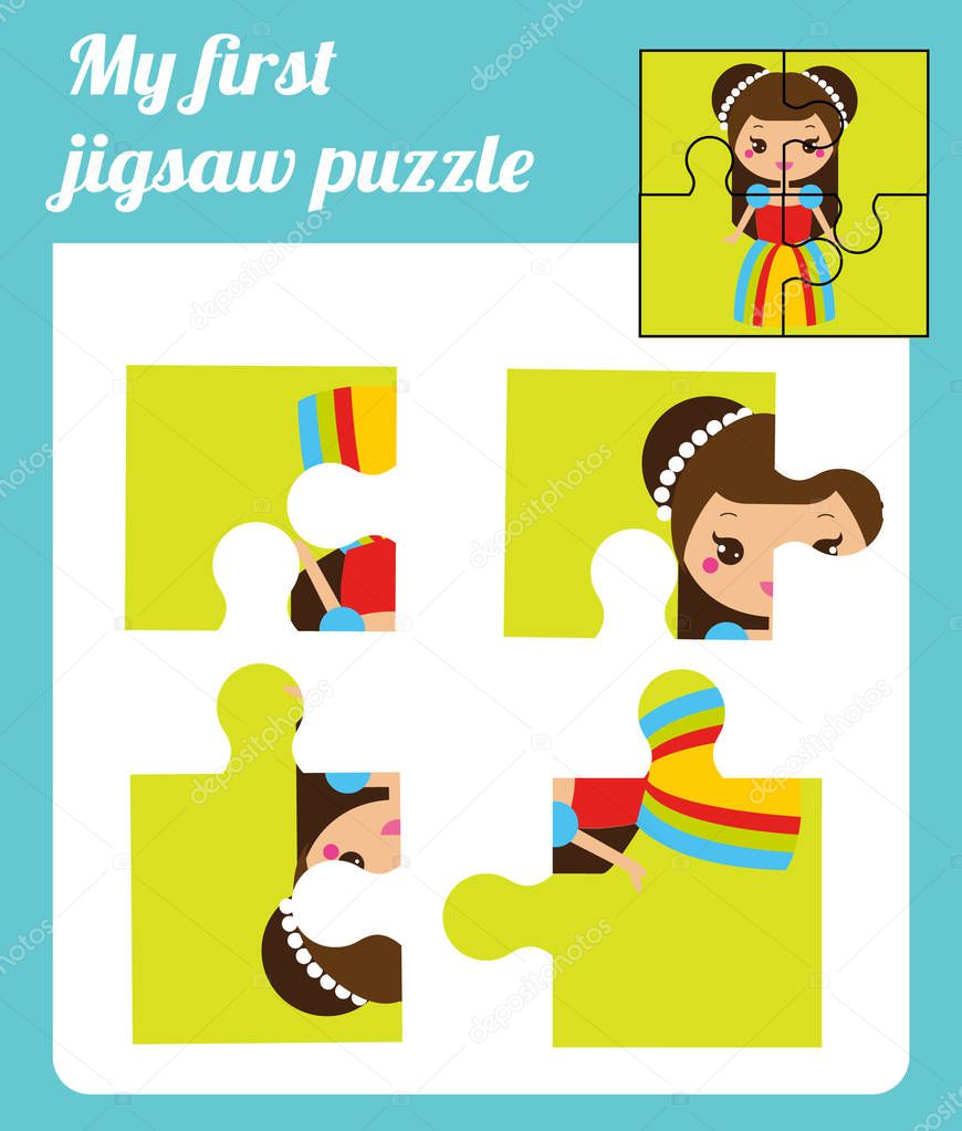 Puzzle kids activity. Complete the picture. Elementary jigsaw with cute girl princess. Educational game for pre school years children