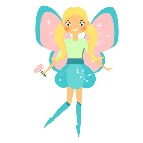 Beautiful flying fairy character with pink wings. Elf princess holding flowers. Winged girl in cartoon style — Stock Vector