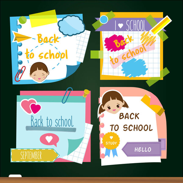 Back to school stickers. Design template of memory sticky notes, study symbols. For marketing advertisements and pupil announcement