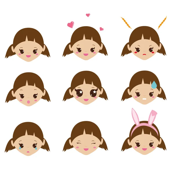 Emoji de crianças. Menina bonito enfrenta com emoções. Ícones de humor vetorial —  Vetores de Stock