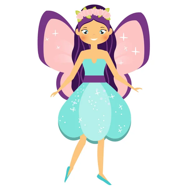 Vackra flygande älva karaktär med rosa vingar och lila hår. Fantasy elf prinsessa med blomsterkrans. Bevingade flicka i tecknad stil — Stock vektor