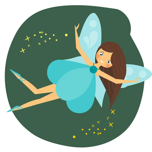 Летающий сказочный персонаж с синими крыльями. Фантазийная принцесса эльфов, распространяющая волшебную пыль. Крылатая девушка в мультяшном стиле — стоковый вектор
