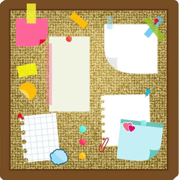 Paper sheets, sticky notes, stickers hanging on cork board. Vector illustration — Stock Vector