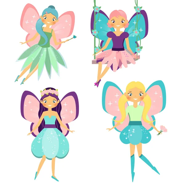 Fairy Set Vacker Flicka Fying Fairy Kostymer Bevingade Elf Prinsessor — Stock vektor