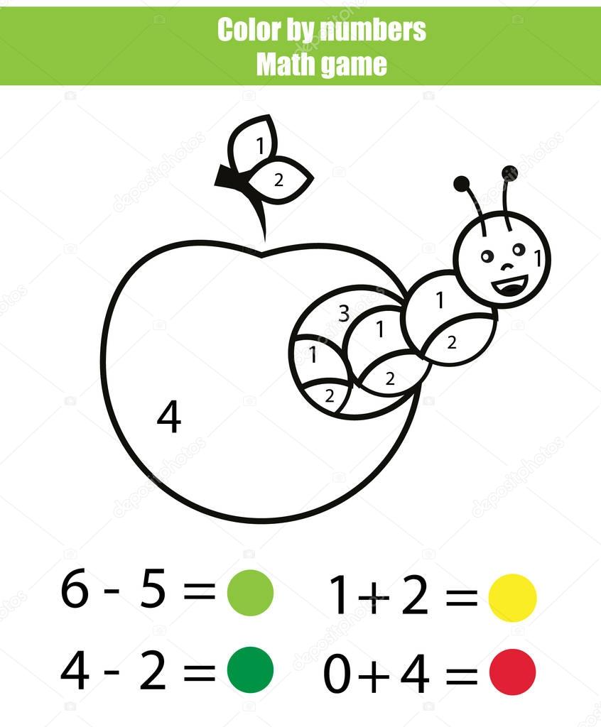Color by numbers. Mathematics game. Coloring page with caterpillar