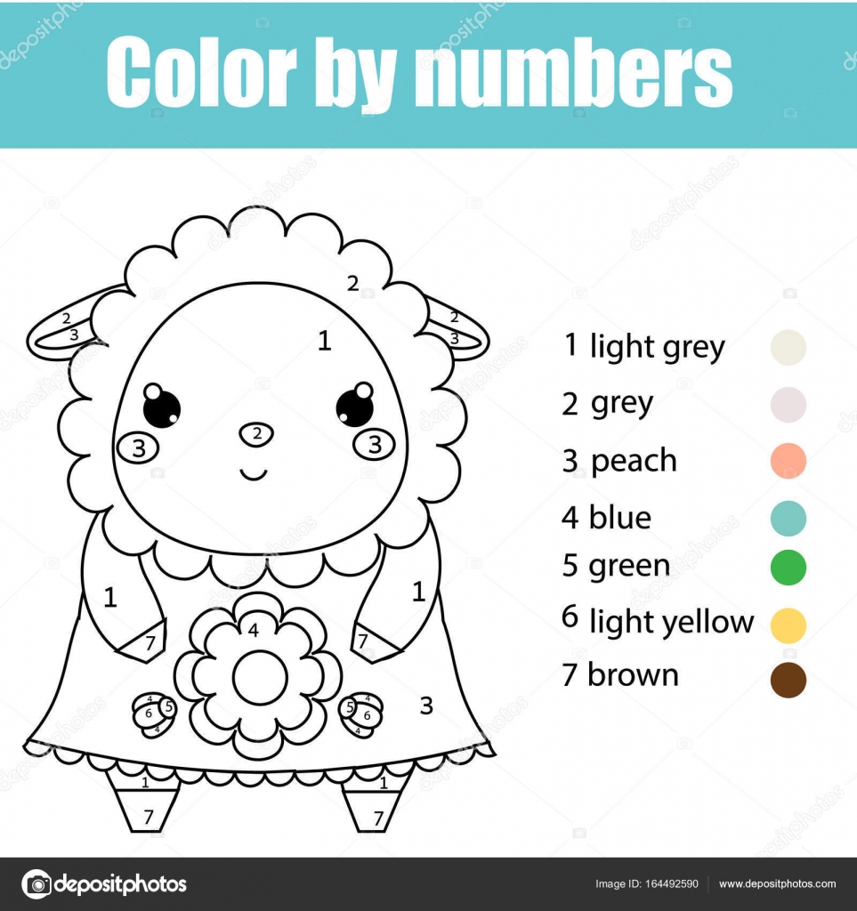 Coloring page with cute sheep lamb character Color by numbers educational children game drawing kids activity printable sheet — Vector by