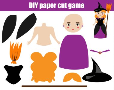 DIY çocuk eğitim yaratıcı oyunu. Makas ve yapıştırıcı ile Halloween cadı kız olun. Yazdırılabilir paprecut etkinliği.
