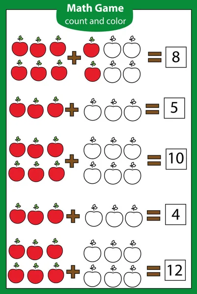 Gioco educativo di matematica per bambini. Contando le equazioni. Scheda di lavoro aggiunta . — Vettoriale Stock