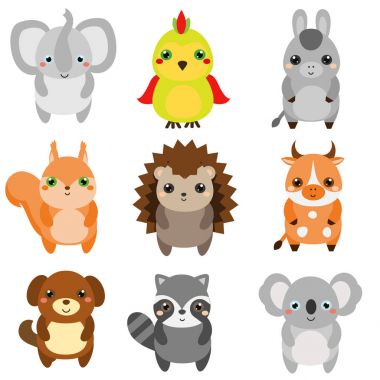 Sevimli hayvanlar. Çocuk stil, izole tasarım öğeleri. Kawaii yaban hayatı ve çiftlik hayvanları karikatür. Fil, köpek, sincap, Rakun ve diğer. Vektör çizim
