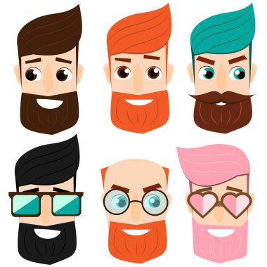 Sakallı adam kafa karikatür. Yakışıklı hippi erkek yüz. Amblem berber dükkanları ve diğer moda iş için. Avatarlar