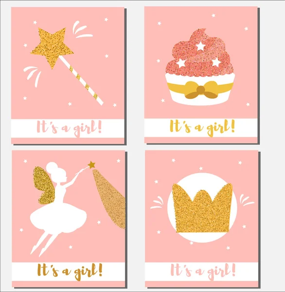 Πρότυπο σχεδίασης κάρτα ντους μωρών. Είναι ένα κορίτσι κάρτες με λαμπερά στοιχεία cupcakes, μαγικό ραβδί, νεράιδα, κορώνα — Διανυσματικό Αρχείο