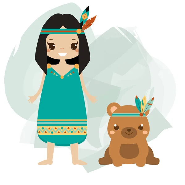 Boho kid. Indian girl and tribal animal bear. illustration for kids fashion, prints, textile — Stock Vector