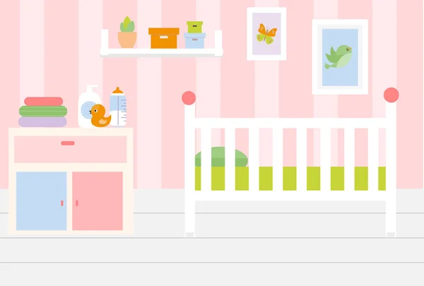 保育ルームのインテリア。ピンク色と白の家具でのアパート。ベッド、棚、おもちゃ赤ちゃん女の子のベッドルームの設計。ベクトル図. — ストックベクタ