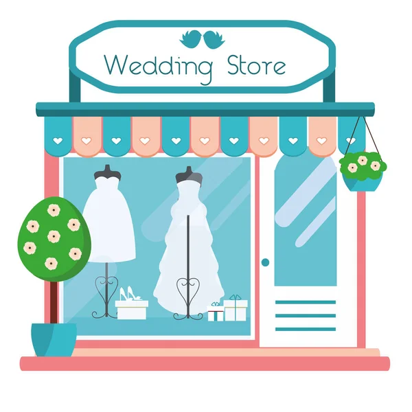 Προβολή πρόσοψη κατάστημα γάμου. Εικονίδιο κτηρίου σαλόνι γάμου. Κατάστημα με μοντέρνα Νυφικά φορέματα. Εικονογράφηση διάνυσμα — Διανυσματικό Αρχείο
