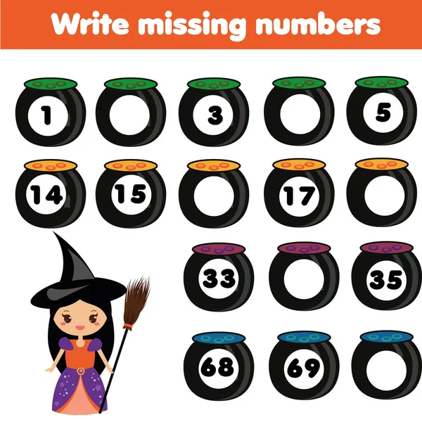 Matemática jogo educativo para crianças. Escreva os números que faltam. Tema de Halloween — Vetor de Stock