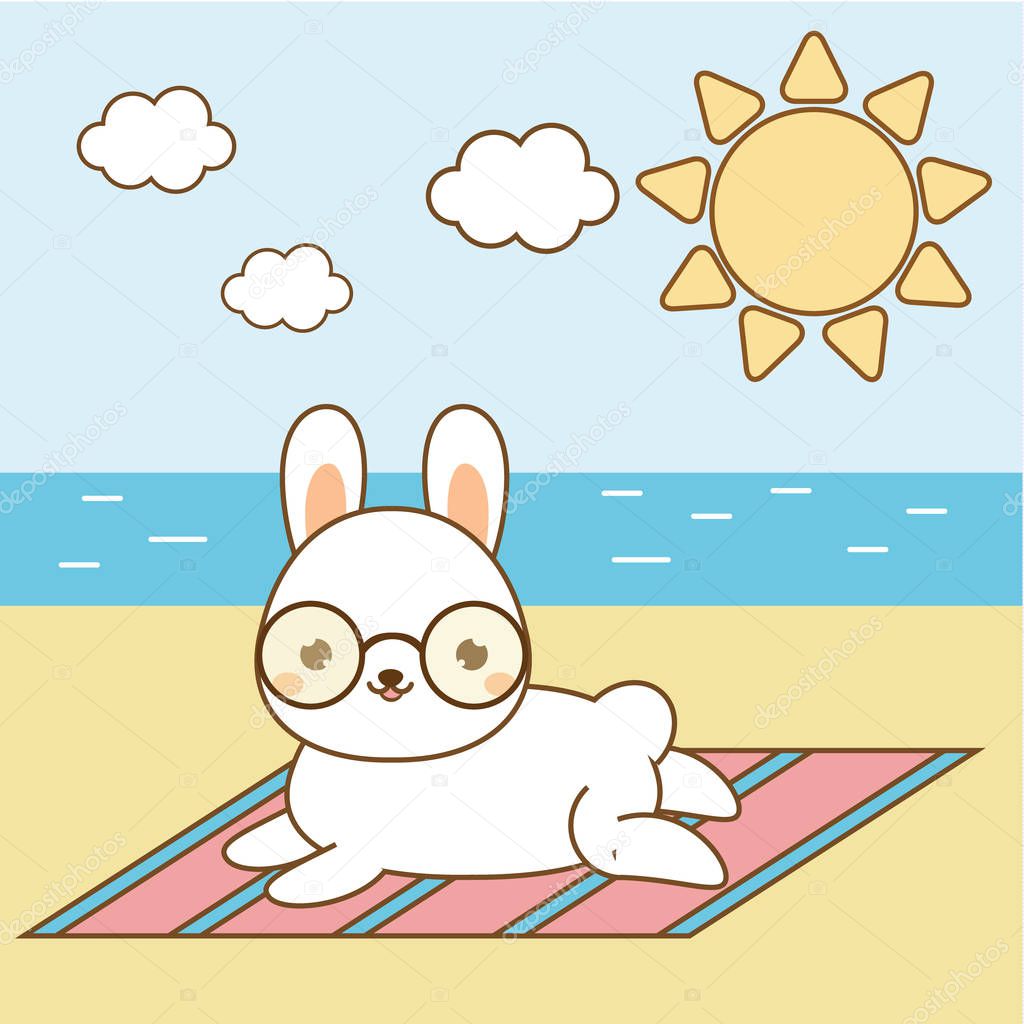Cute hare sunbathing. Kawaii rabbit on the beach. White bunny lying on seashore