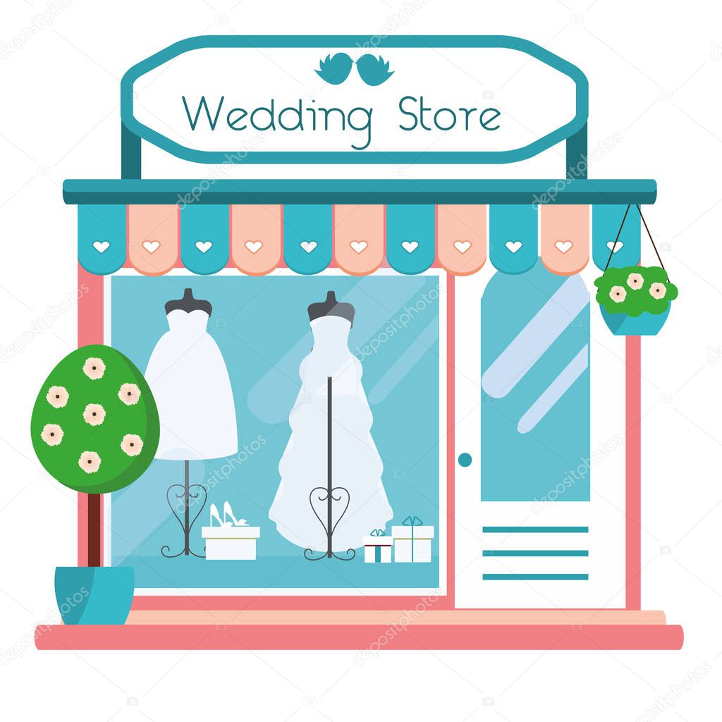 Wedding store facade view. Wedding salon building icon. Boutique shop with fashionable bridal dresses. Vector illustration