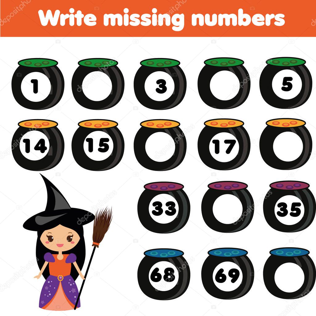 Mathematics educational game for children. Write the missing numbers. Halloween theme