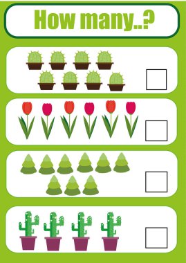 Eğitim çocuk oyunu sayma, etkinliği çalışma sayfası çocuklar. Kaç nesneleri görev