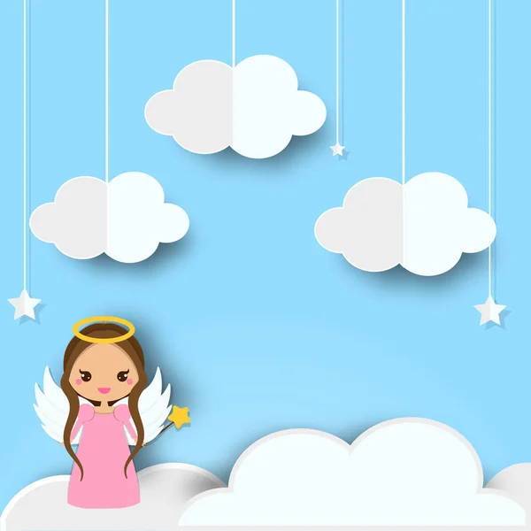 かわいい天使が天の雲の上に立っています カット紙クラフト スタイルの背景 — ストックベクタ