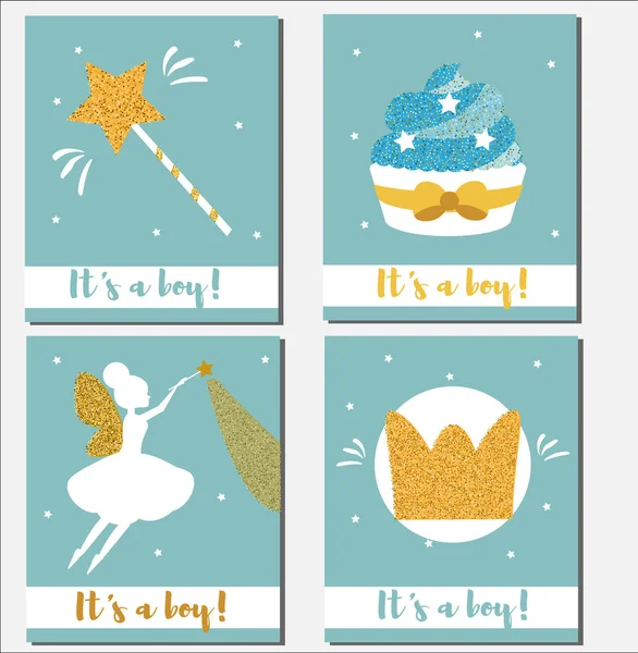 Designvorlage für Babyduschkarten. Es ist ein Junge Karten mit Gold glitzernden Elementen Cupcakes, Zauberstab, Fee, Krone — Stockvektor