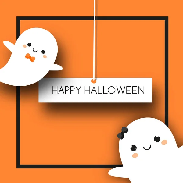 Square halloween banner with cute ghosts in kawaii style — Stock Vector