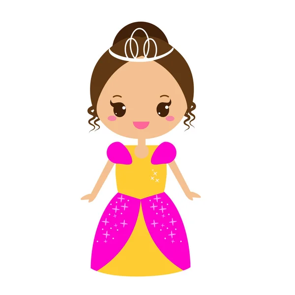 Linda princesa de cuento de hadas kawaii en vestido largo y corona. Chica disfrazada de reina. Dibujos animados estilo vector ilustración — Vector de stock