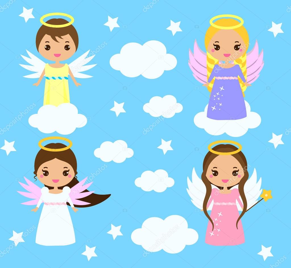 Cute angels. Kawaii style. Boys and girls with wings on clouds among stars. Design elements for greeting cards, communion, christening, Christmas and other