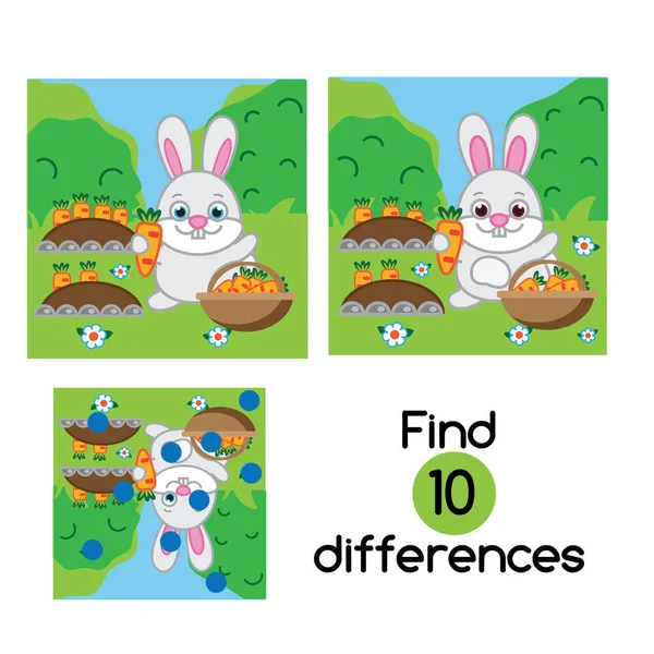Encontrar las diferencias juego educativo de los niños. Sábana de actividades para niños con conejo en el jardín — Vector de stock