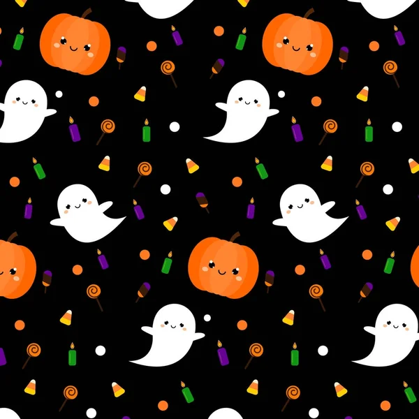 Halloween vzorek s roztomilý duchové, dýně a symboly v kawaii stylu. Rekreační zázemí, dárkové balení tisk — Stockový vektor