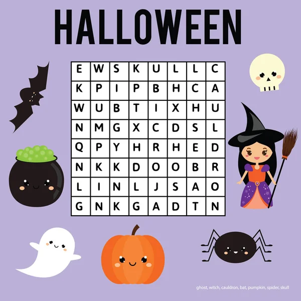 Szó keresési puzzle gyerekeknek oktatási játék. Halloween téma — Stock Vector