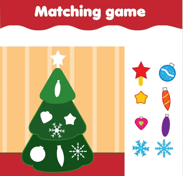 Jogo educativo de correspondência de crianças. Match by shape atividade de crianças. Jogo de adesivos com Ano Novo, árvore de Natal — Vetor de Stock