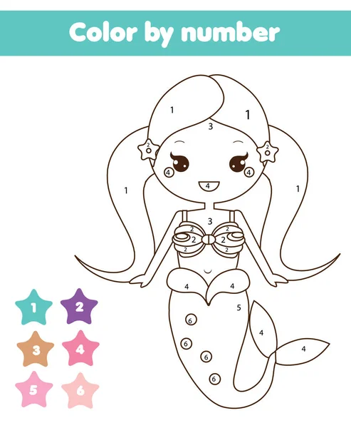 Children educational game. Coloring page with mermaid. Color by numbers, printable activity — Stock Vector