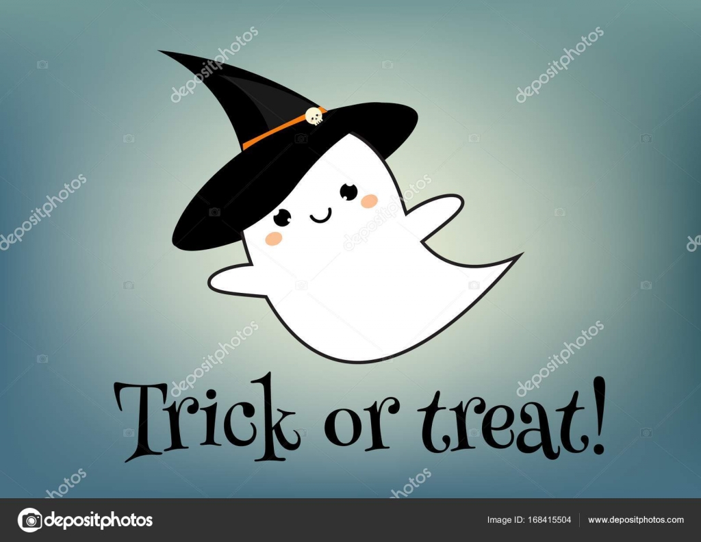 Happy halloween greeting card design template. Holiday banner with cute  ghost in kawaii style and trick or treat text Stock Vector by ©ksuklein  168415504, image size:1024x792