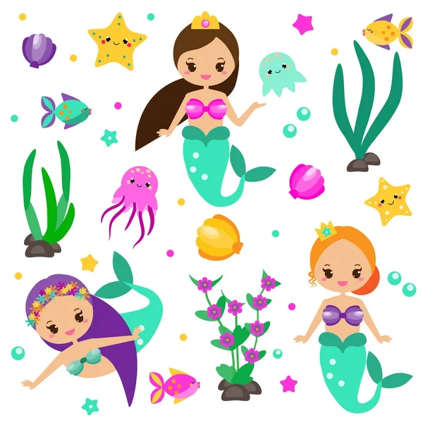 Aranyos Mermaids Beállítása Tervezési Elemek Matricák Clipart Lányok Kawaii Stílusban — Stock Vector