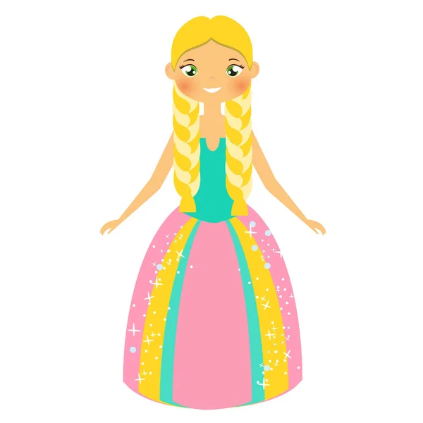 Cute Fairy Tale Princess Blondie Braids Girl Long Gown Queen — Stock Vector