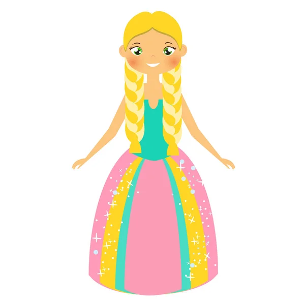 Cute fairy tale princess with blondie braids. Girl in long gown queen costume dress. Cartoon style vector illustration — Stock Vector
