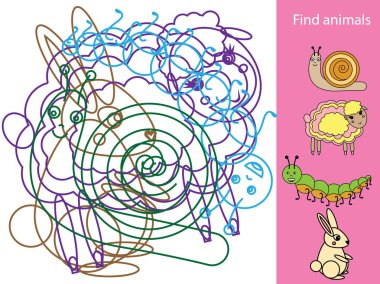 Şekiller ve gizli nesneleri bulmak. Eğitici bir oyun. Hayvan Tema. Küçük bebekler ve çocuklar için aktivite