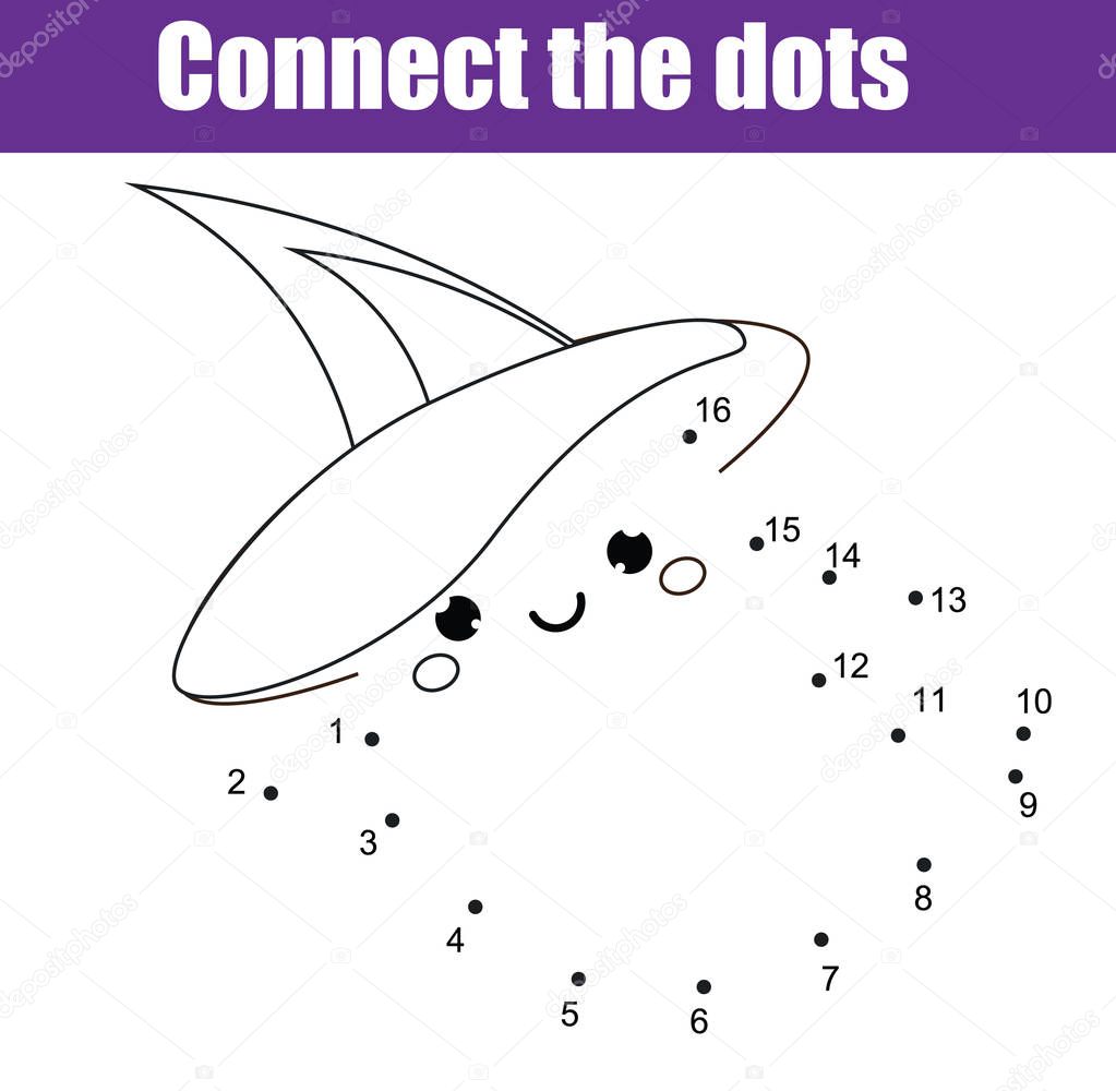 Connect the dots by numbers children educational game. Printable worksheet activity. Halloween theme, ghost