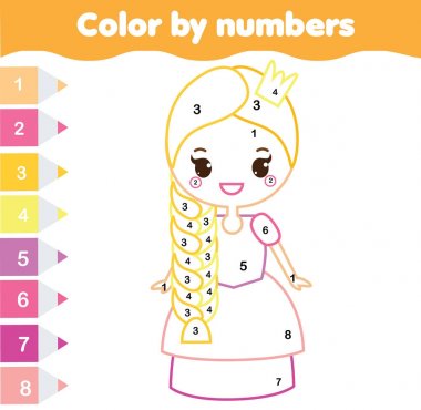 Çocuk eğitim oyunu. Şirin Prenses boyama sayfası. Sayı, yazdırılabilir etkinlik, çalışma sayfası tarafından küçük çocuklar ve okul çağı öncesi için renk