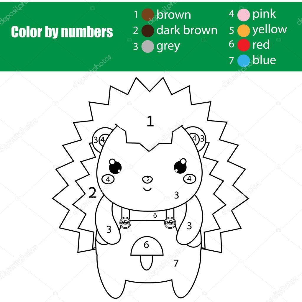 Children educational game. Coloring page with cute hedgehog. Color by numbers, printable ...