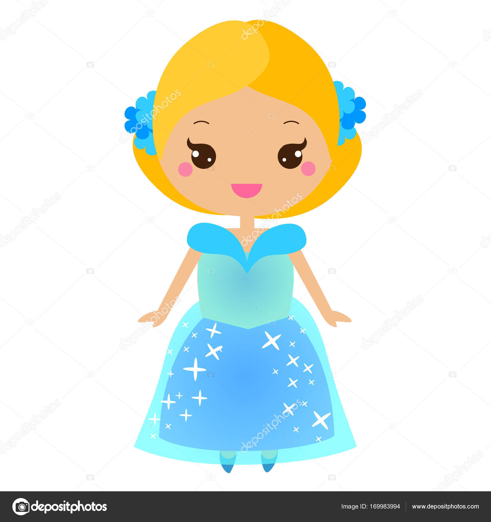 Cute Kawaii Princesse De Conte De Fée En Robe Bleue Jeune