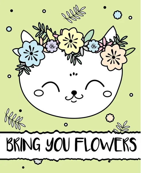 Doodle Γάτα Στο Λουλούδι Στεφάνι Σύγχρονη Καρτ Ποστάλ Πρότυπο Εκτύπωσης — Διανυσματικό Αρχείο