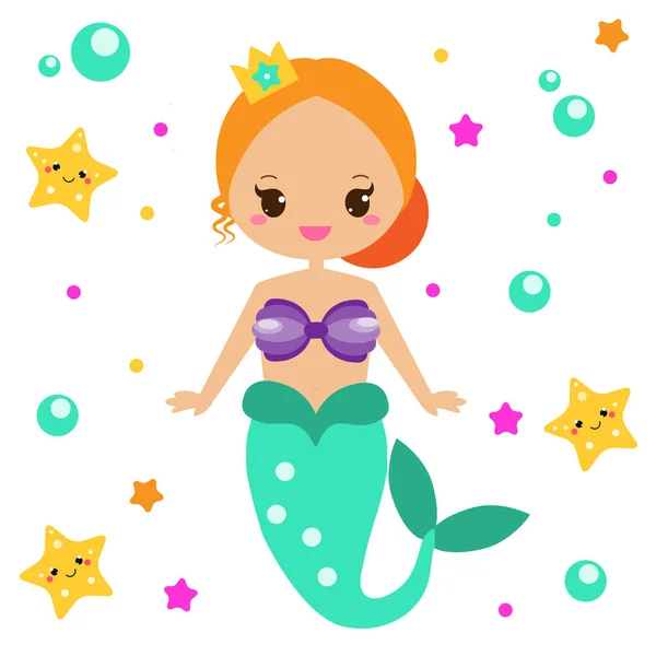 Cute Mermaid Starfishes Cartoon Character Kawaii Style Fairy Undine Princess — Stock Vector