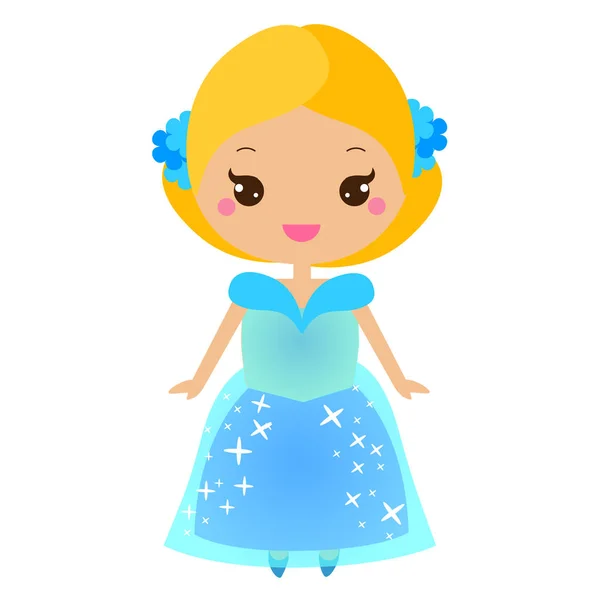 Şirin kawaii peri masalı Prenses mavi elbiseli. Kız Kraliçe kostümü. Karikatür tarzı vektör çizim — Stok Vektör