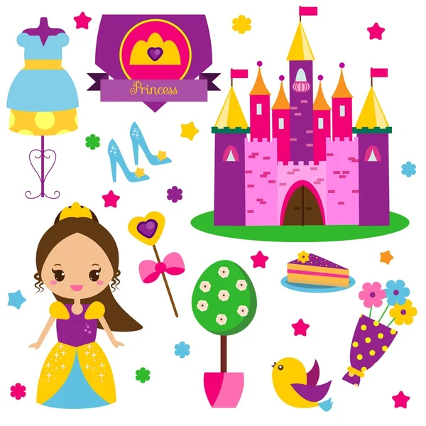 Kit princesse. Stickers, clip art pour filles. Château, robe, chaussures et autres symboles de fées pour enfants jeux et cartes — Image vectorielle