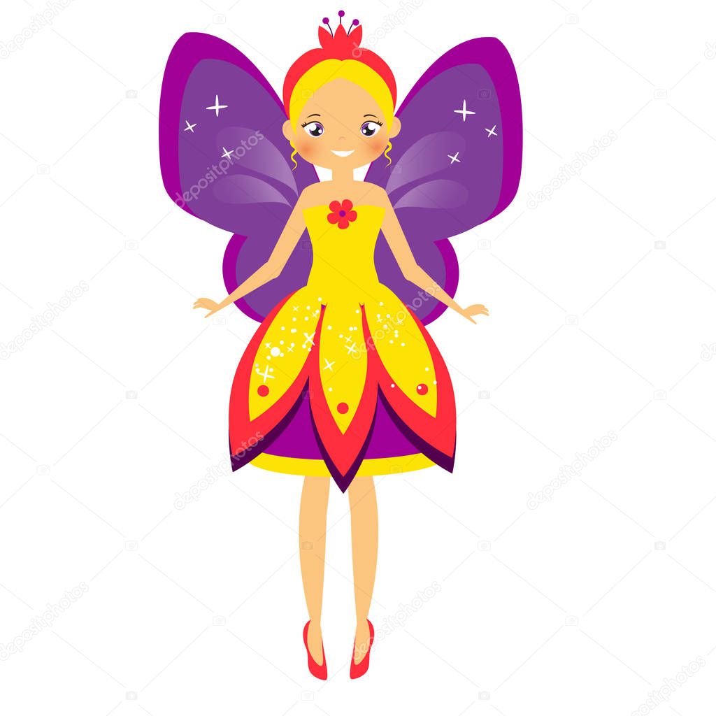 Flying fairy with purple wings. Elf princess in cartoon style. Isolated vector illustration for kids and babies