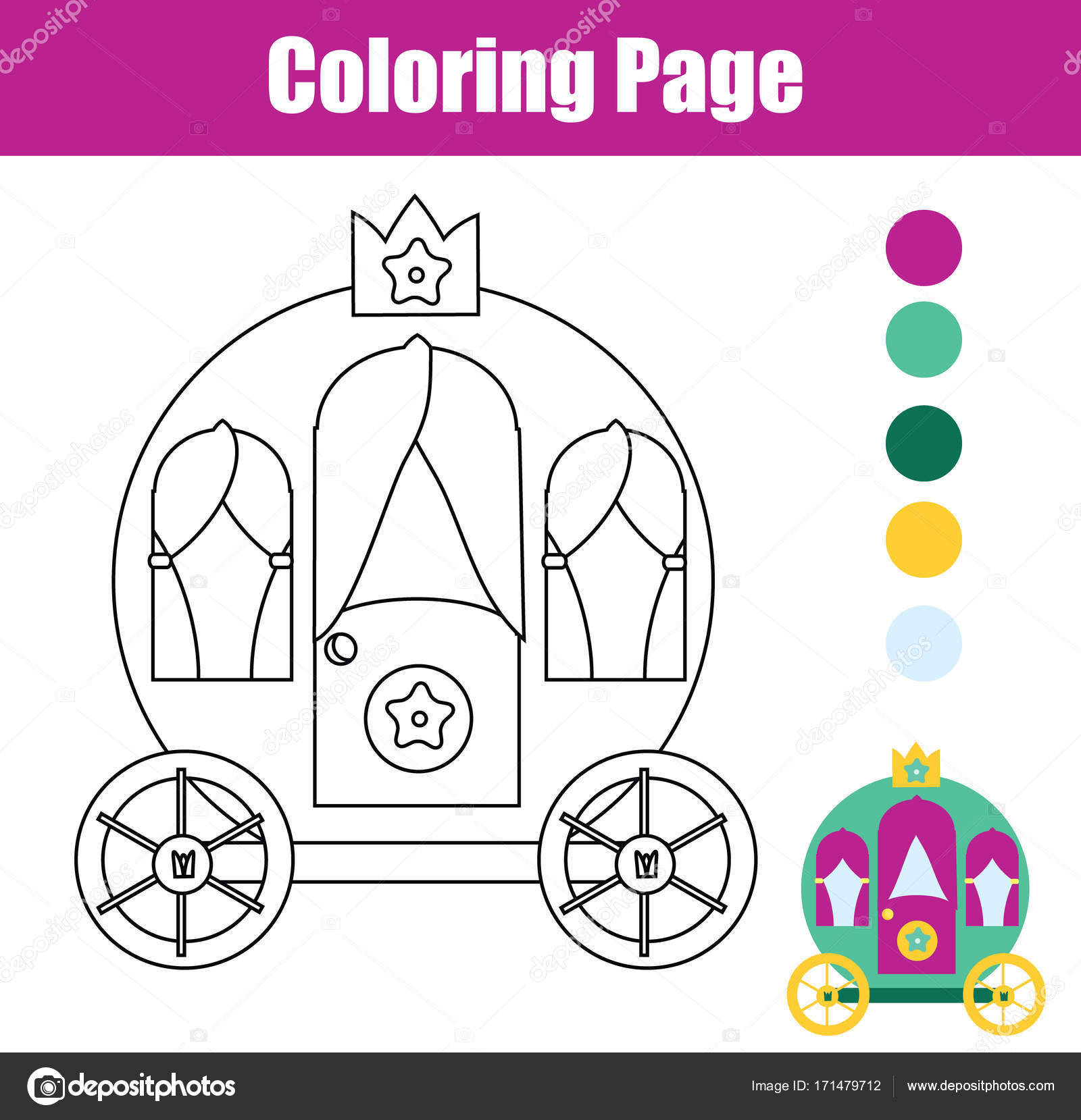 Desenho de carruagem de princesa e castelo para colorir e imprimir